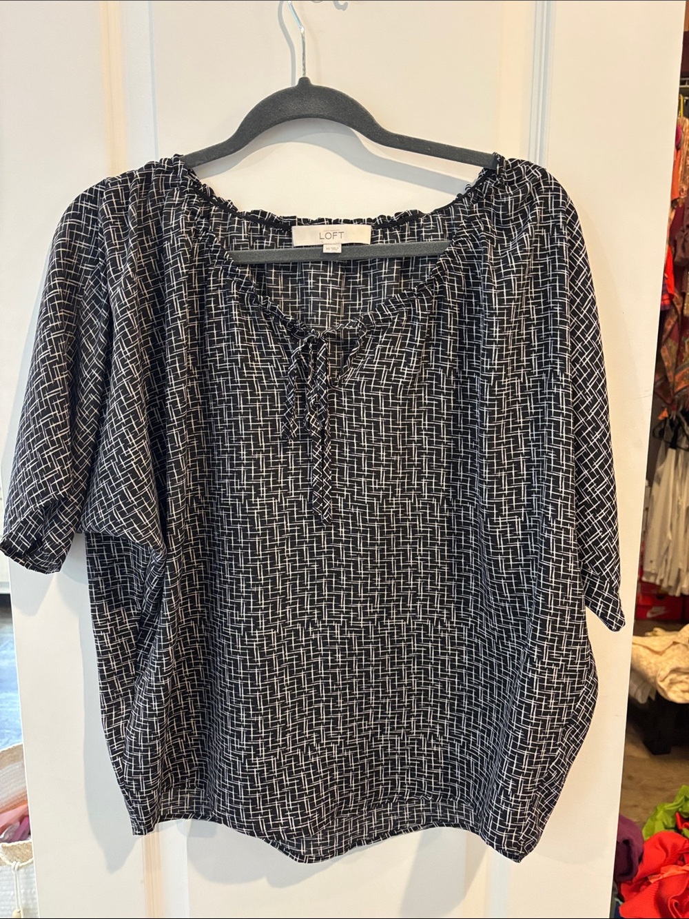 LOFT Black & White Woven-Print Peasant Blouse